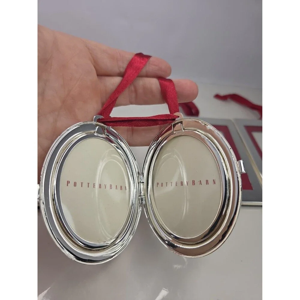 6 Pc Pottery Barn Silver Frame Ornament Lot 2005-2010 Mixed Ribbon Locket NEW